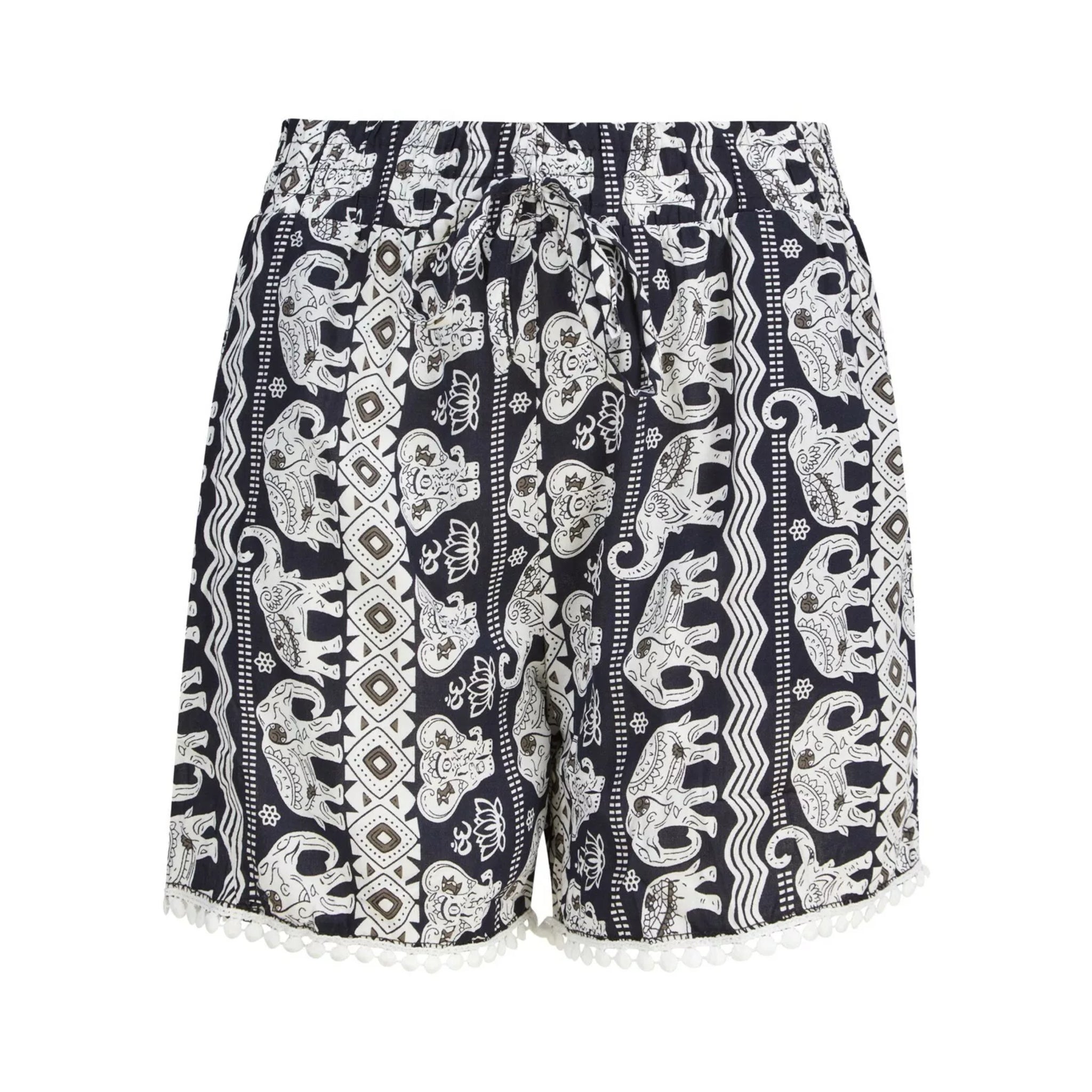 Ladies' navy and white 100% cotton elephant print shorts with boho pattern, drawstring waist, and pom-pom hem – lightweight summer holiday shorts